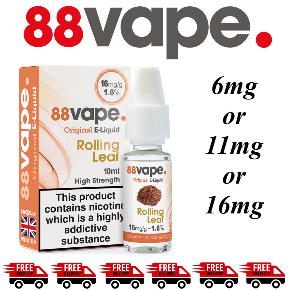 88 Vape E Liquid - 20 x 10ml - 70/30 50/50 - 6mg 11mg 16mg -ROLLING LEAF  Flavour
