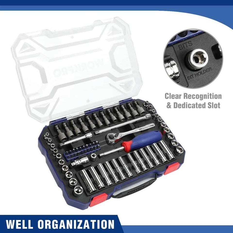 WORKPRO 70-Piece 1/4" Drive Socket Set with Quick-Release Ratchet Metric and SAE - Image 2 of 4