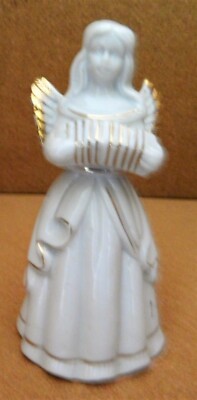 Angel Figurine With Concertina Squeeze Box - White with Gold Trim - 5-1/2'' Tall