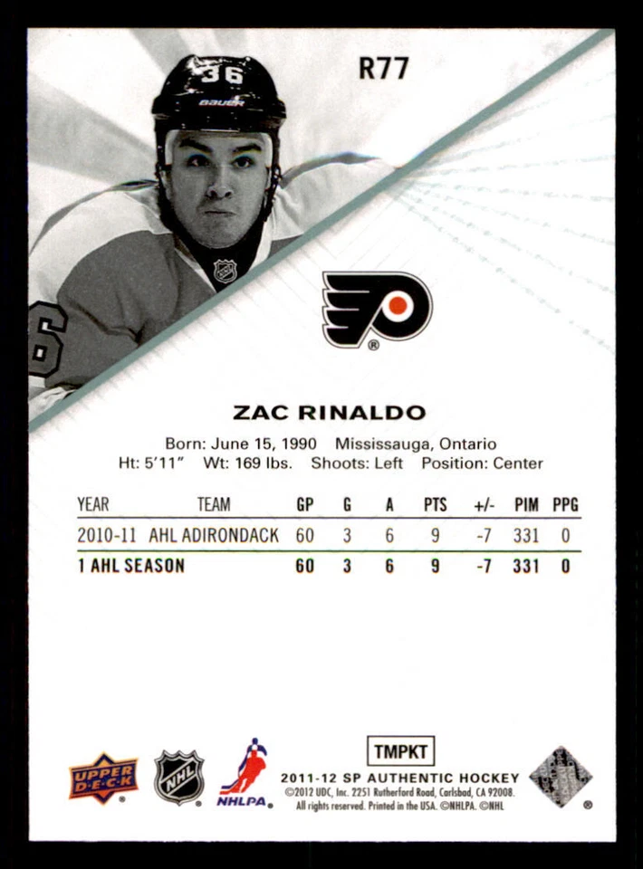 2011-12 SP Authentic Rookie Extended #R77 Zac Rinaldo - Image 2 of 2
