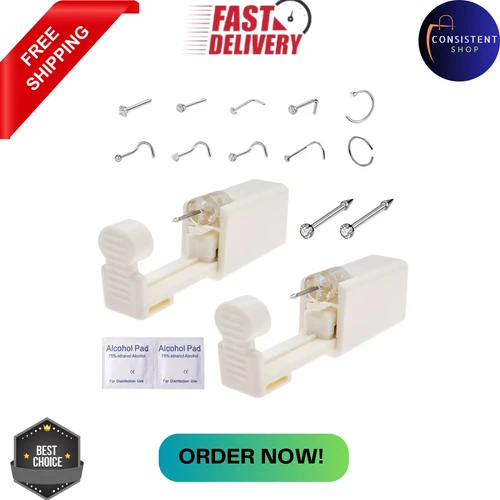 2 Pack Disposable Self Nose Piercing Tool With 10Pc Nose Rings Nose Piercing Kit - product listing photo