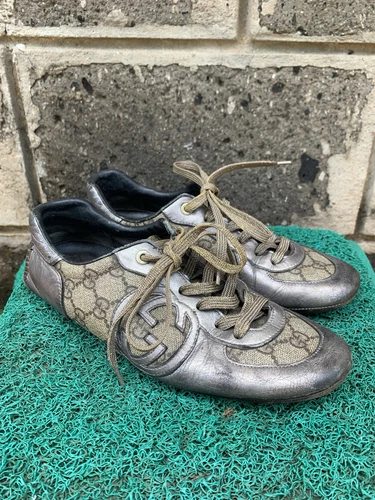 Sneakers stringate Gucci GG rivestite in tela grigia e pelle taglia EU 36 US 5 5