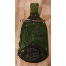 Up-Cycled Moss Green Wine Bottle Cheese Board Flower Frosted Design