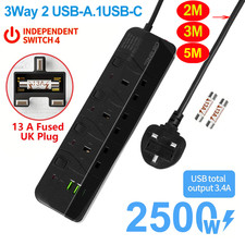 Extension Lead Power Strip Surge Protector 3 Gang Way 3USB UKPlug Sockets 2/3/5m