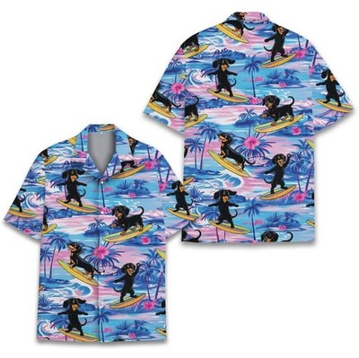 Surfing Dachshund Hawaiian Shirt for Men Women Youth, Cute Dog Surf Aloha Button