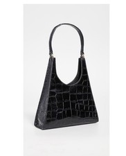 STAUD Rey Black Embossed Leather Shoulder Bag with Croc Design, Silver Hardware