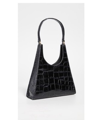 STAUD Rey Black Embossed Leather Shoulder Bag with Croc Design, Silver Hardware
