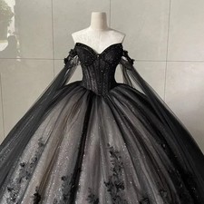 Sweet 16 Customized Black Lace Appliqued Princess Quinceanera Dress With Caped
