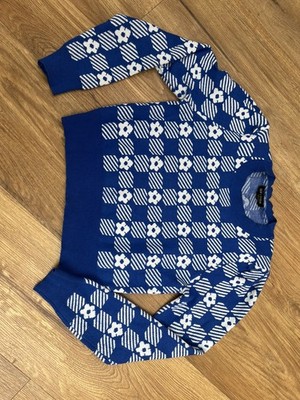 QED London Ladies Women s Blue Flower/ Check Knit Jumper Size L crop style VGC