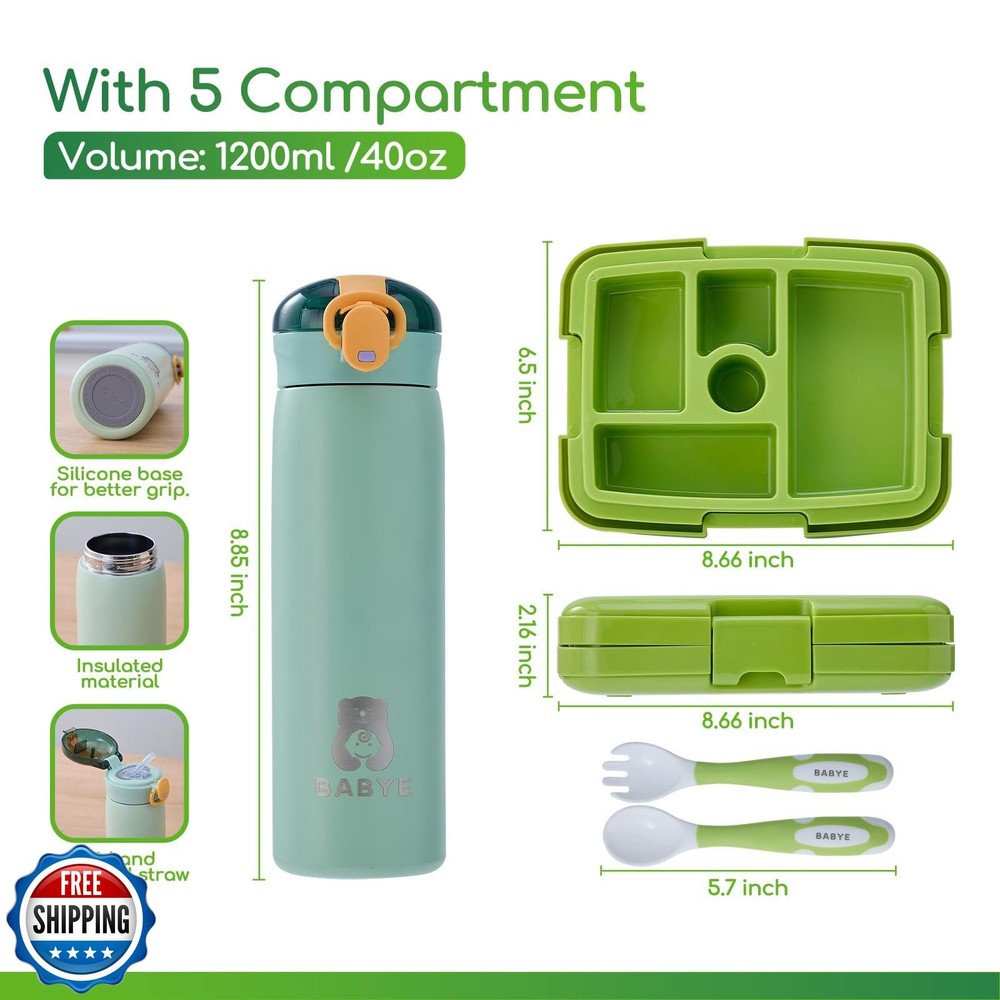 Bento Box and Insulated Water Bottle Set for Kids - Leakproof Microwave Safe  