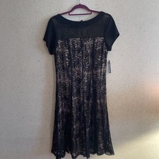 R M Richards Black Taupe. Lace Sequin Sort Sleeves Dress Size 16 New
