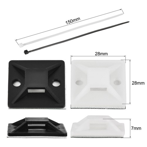 Lot de 100 attaches de câble adhésives nylon 30 mm x 30 mm avec trou de vis blanc noir - Photo 2/5