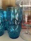 Vtg 7" MCM Anchor Hocking Quilted Madrid Aqua Blue  Tea Glasses - Set Of 9
