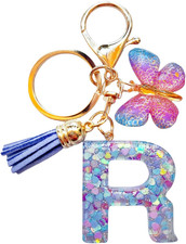 Cute Initial Letter Keychains for Women Girls Tassel Butterfly Pink Purple Green
