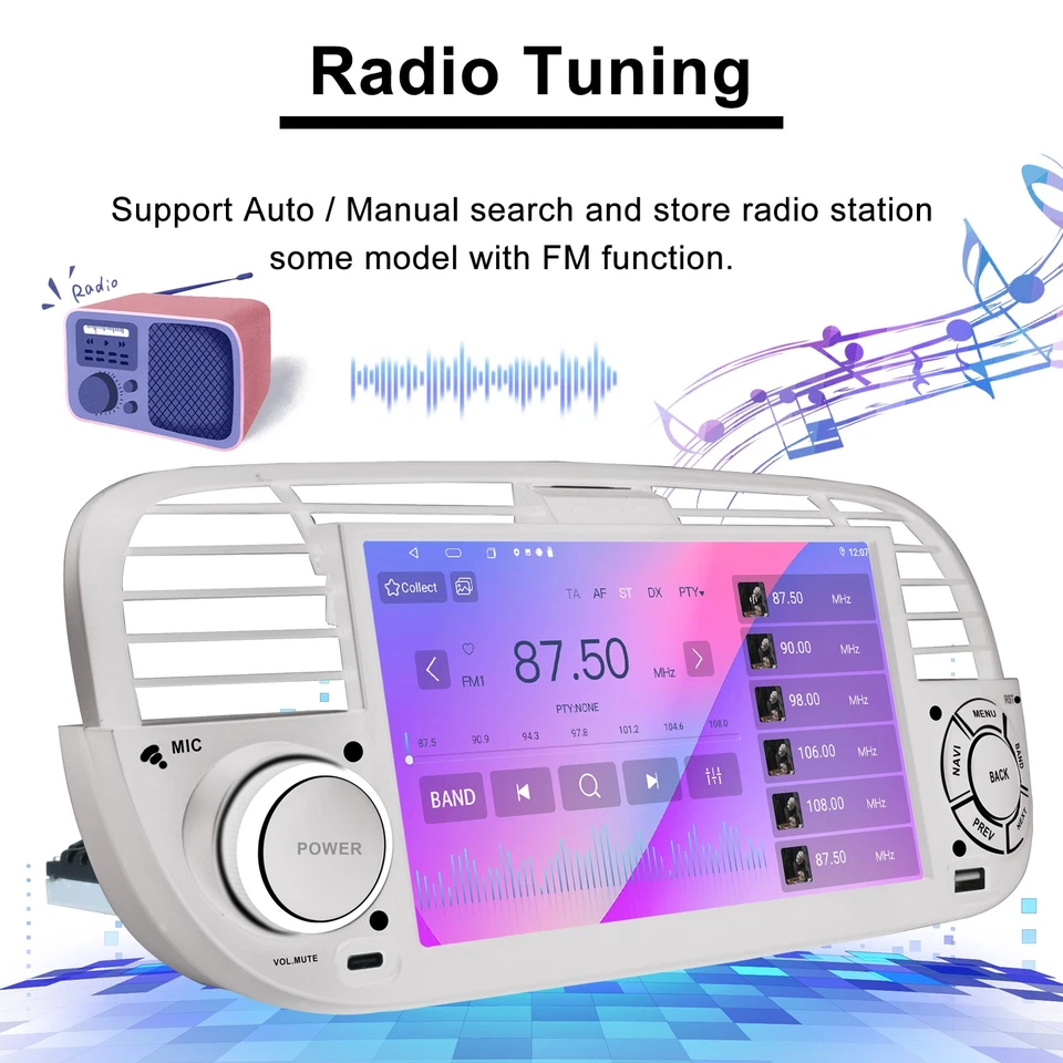 Carplay Per FIAT 500 2007-2015 7" Autoradio Stereo Android 13 GPS NAVI 2+64G BT - Immagine 4 di 4