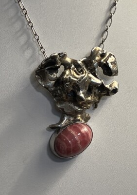 Artisan Made Brutalist Sterling And Rodochrocite Necklace Vintage 21 In Length