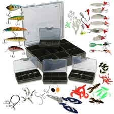 Fishing Lures Spinners & Plugs Soft Bait Set + Pliers 101pc + Tackle Box Coarse