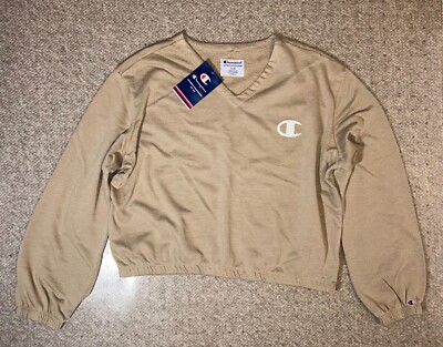 NWT Champion Women's Cropped Logo Sweatshirt V-Neck L/S XL Tan