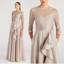Vestido Formal Theia Zola Bateau Mikado Encaje Lentejuelas Manga 3/4 Champagne Diseñador 4