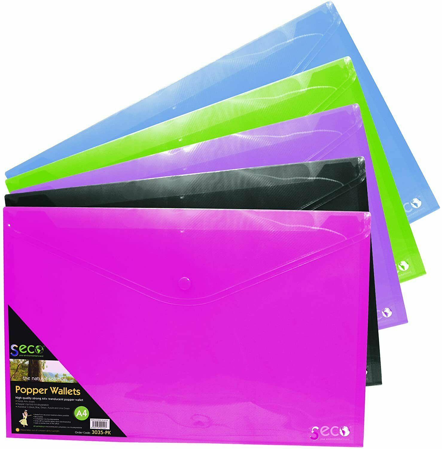5 Seco A4+ Oxo-Biodegradable and Recyclable Popper Wallet - Assorted