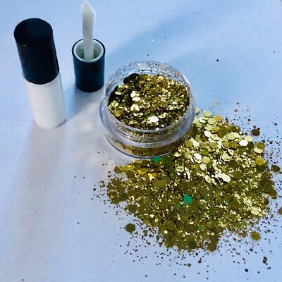 FESTIVAL GESICHT/KÖRPER/HAAR SET - 4ml KLEBER + CHUNKY GOLD MIX GLITTER 10g TOPF