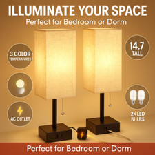 Set of 2 Bedside Table Lamps with Outlet, LED Bulbs, 3 Color Temps for Bedroom