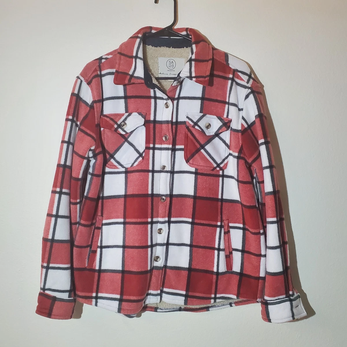 Sage Collective Red Plaid Fleece Shacket Shirt Jacket Sherpa Lined