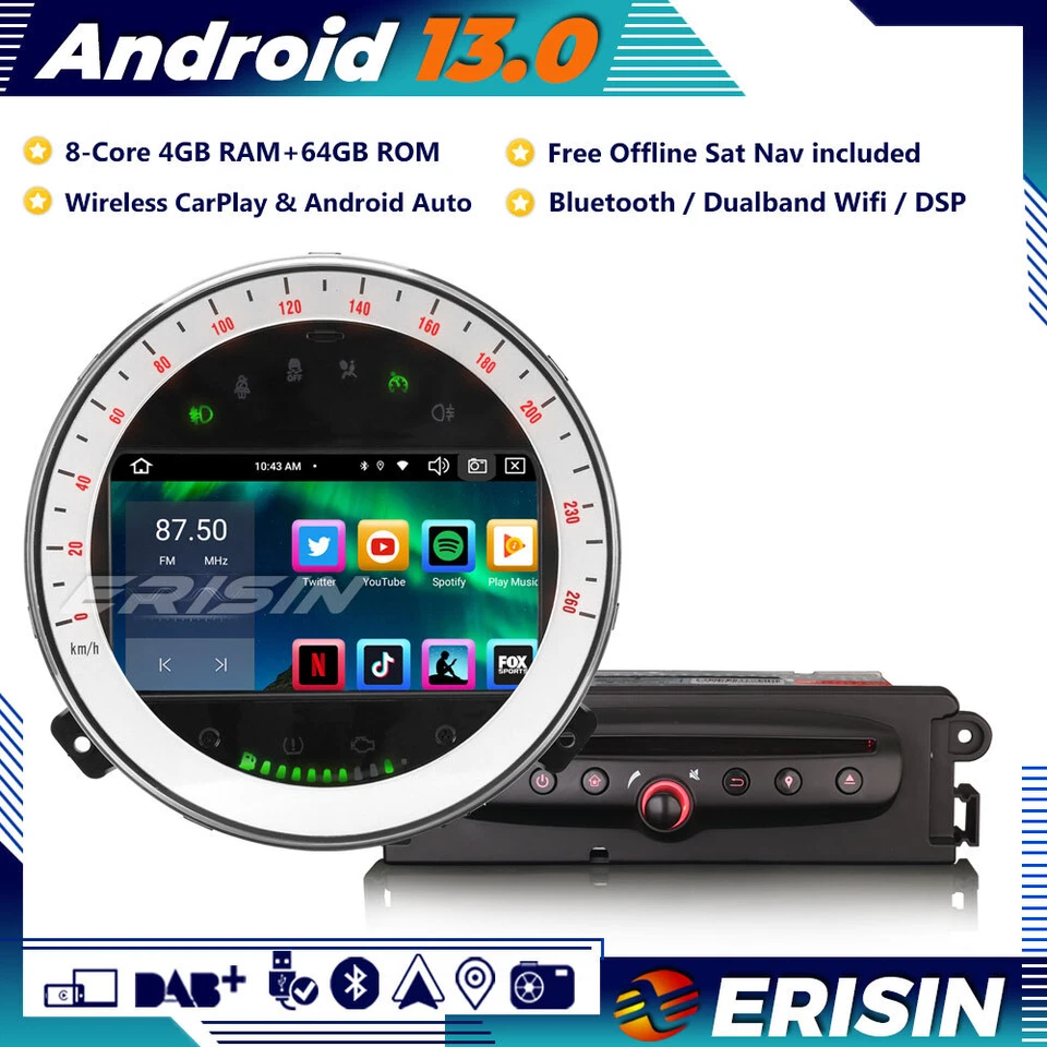 8-Core Android 13 Car Stereo Sat Nav Carplay DAB+ 64GB Head Unit BMW Mini Cooper