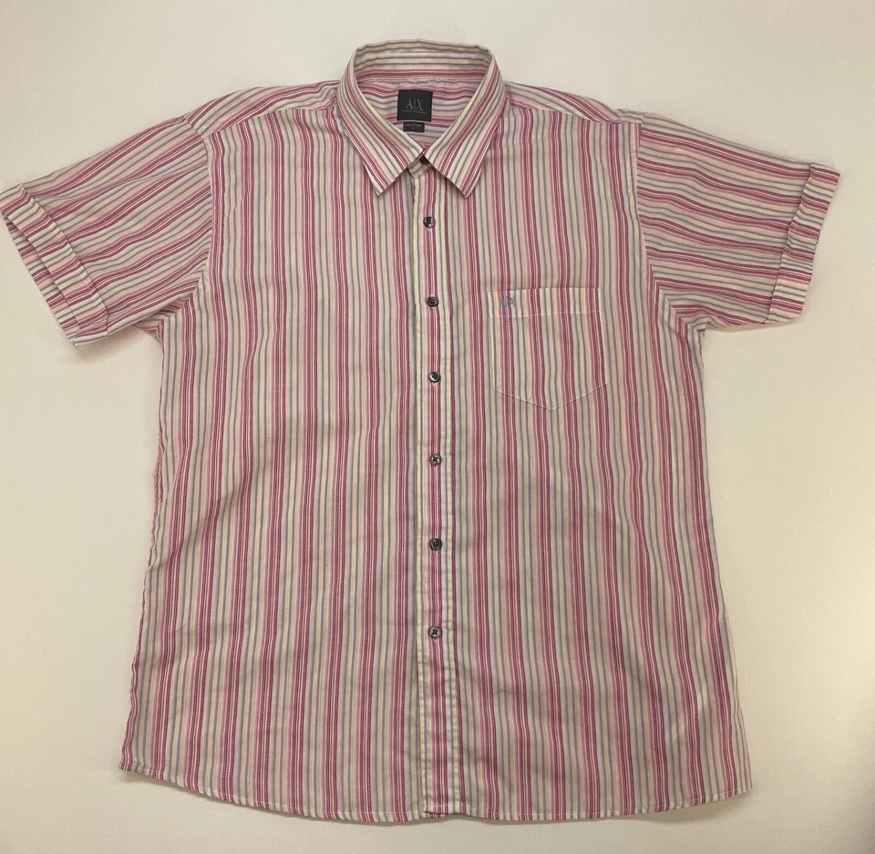 A X Armani Exchange Button Up Short Sleeve Men’s XL Pink/yellow/purple Striped - Image 2 of 4