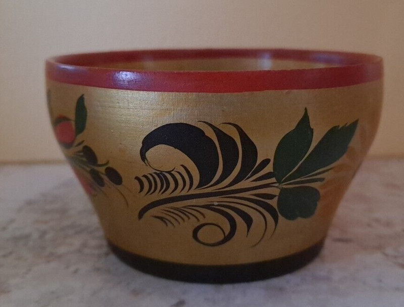 Vintage Russian Khokhloma Wooden Cup, Gold with Red Green & Black Design