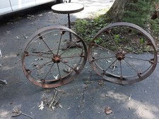 Pair Antique Iron Tractor or Wagon Wheels Rustic Industrial