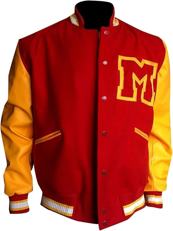 MJ Thriller Letterman M Logo Red Varsity Leather Bomber Baseball Jacket For Men