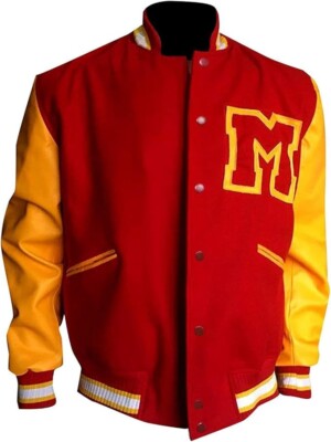 MJ Thriller Letterman M Logo Red Varsity Leather Bomber Baseball Jacket For Men