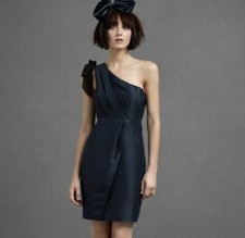 Va Et Vien BHLDN One Shoulder Cornerways Abyss Blue Linen Silk Dress Size 12