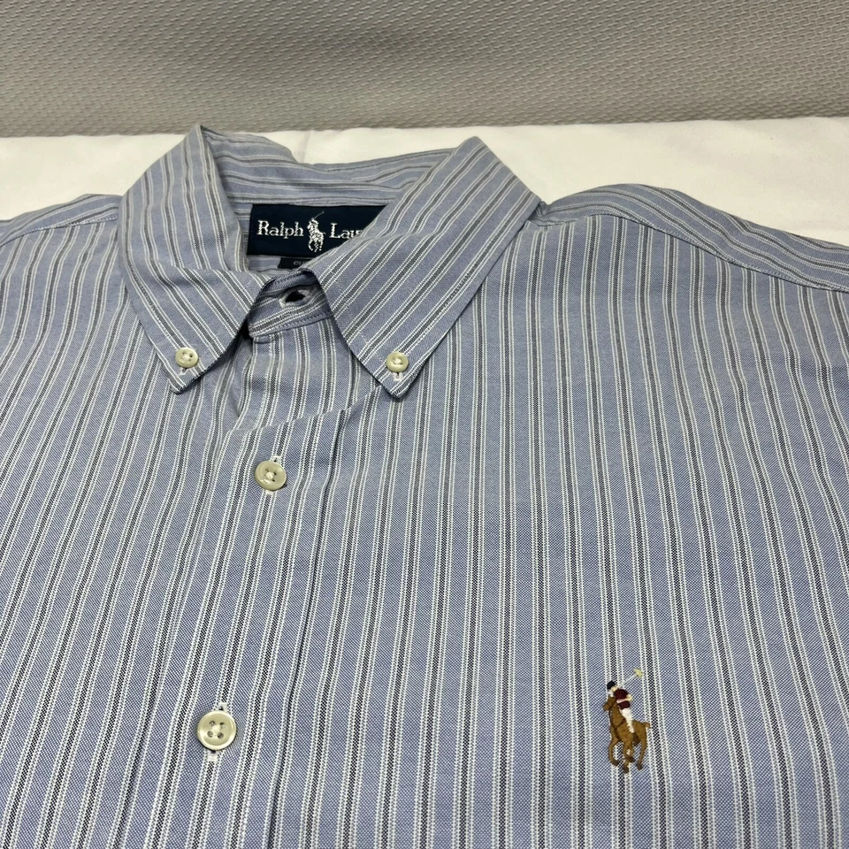 Ralph Lauren 衬衫男式 L 蓝色条纹肉小马休闲纽扣长袖 — 第 2/4 张图片