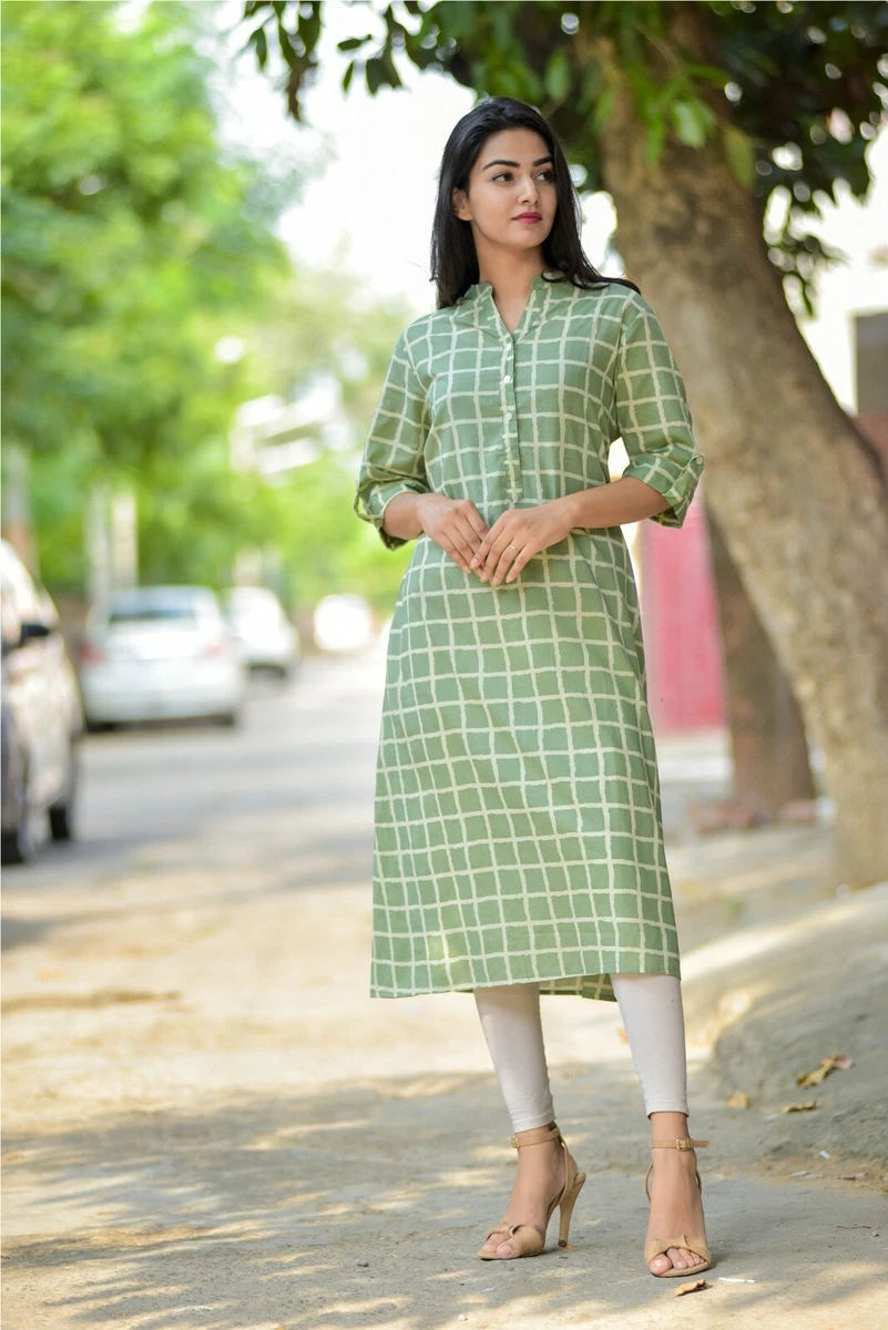 XL Cotton Kurtis Indian Fashionable Green Check Printed Long