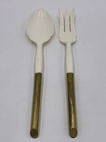 Vintage MCM Brass & White Plastic Salad Server Set Spoon & Fork 11" Long