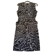 Dana Buchman Womens 10 Black White Sheath Front Zip Belted Sleeveless Midi Dress