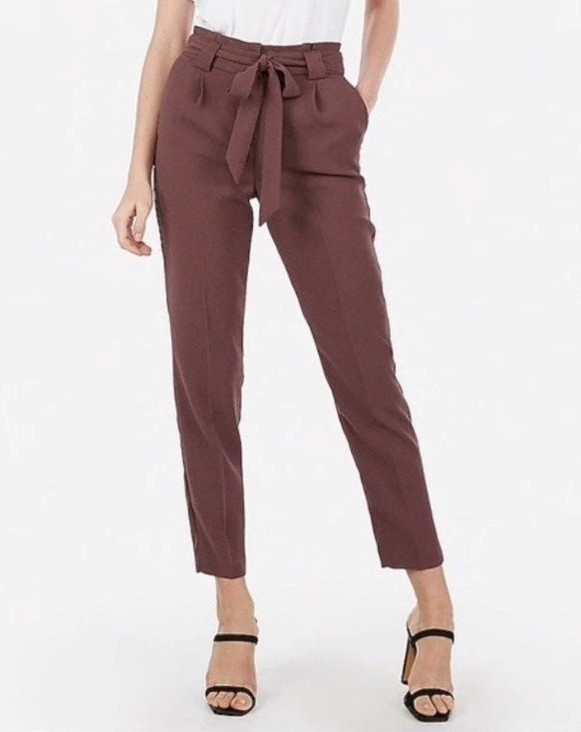 Express High Waist Belted Mauve Paper Bag Ankle Pant Women's Size 16 Regular