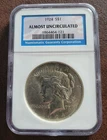 1924 S $1 United States Silver Peace Dollar Blue NGC "Almost Uncirculated"