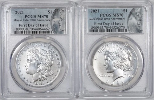 2021 Morgan & Peace Dollar 2 Coin Set PCGS MS70 First Day Issue 100 Anniversary