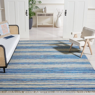 Handmade Boho Stripe Rag Rug - 9' x 12', Ivory & Blue, Durable for High Traffic