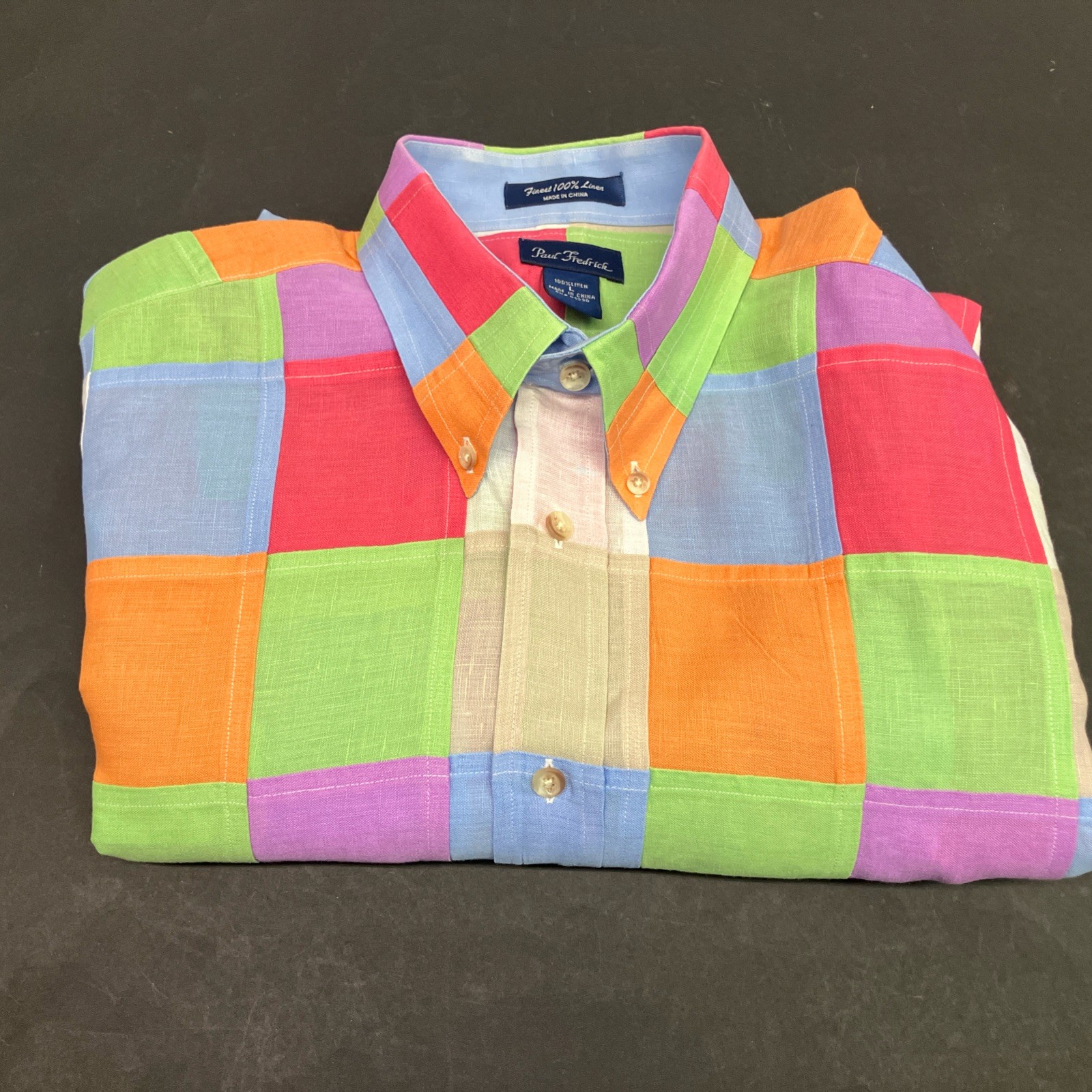 Linen Shirt Vibrant Patchwork Button Down Size La… - image 14