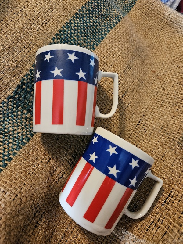 2 Vintage Red White and Blue Patriotic Coffee Cups Stars and Stripes Japan Made
