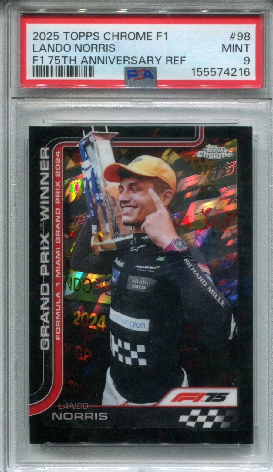 2025 Topps Chrome F1 #98 Lando Norris 75TH Anniversary Ref 07/75 PSA 9 Mint view 1