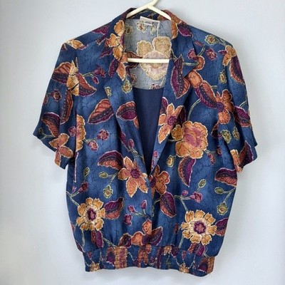 Alfred Dunner Vintage Blue Floral Crinkle Layered Short Sleeve Top Size 12 Boho