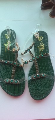 Women s US 6 Green Crocodile Pattern Strappy Slip-On Sandals Beaded EU 36