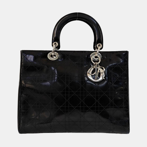 Auth DIOR Lady Dior Black Cannage Patent Leather Large Double Handles Handbag