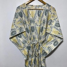 Indian White Ikat Handmade Cotton Kaftan Maxi Dress Women's Clothing Gown US