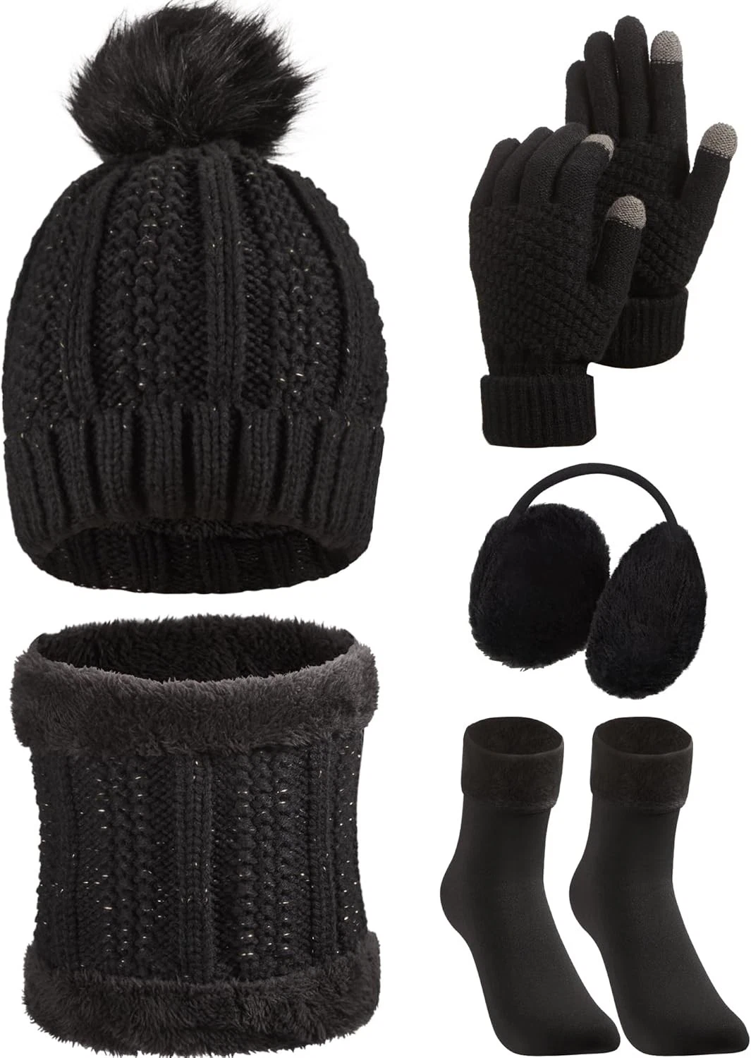 5 Pcs Winter Hat Scarf Gloves Set Fleece Lined Knit Beanie Hat Warm Touch Screen